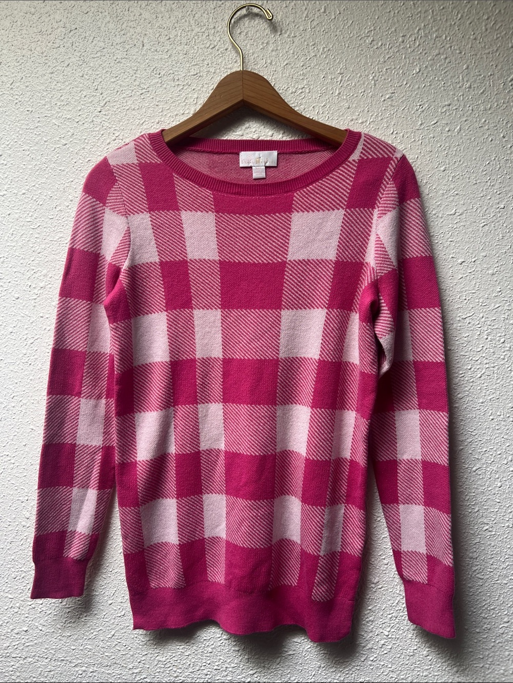 Belle by Kim Gravel Pink Plaid Crewneck Sweater